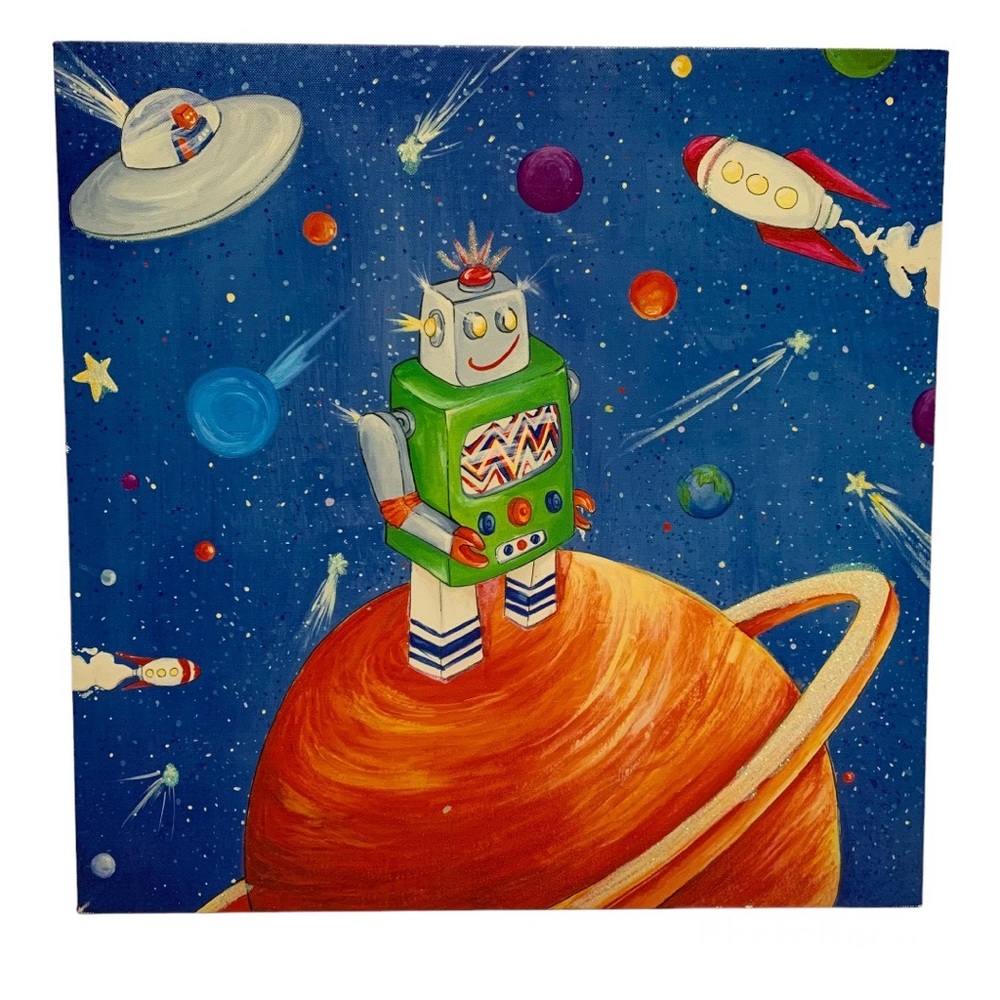 Robot and Spaceships in Space Canvas Print Wall Art